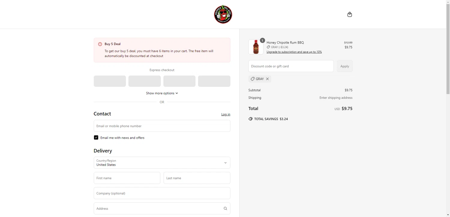 Pepper Palace discount code screenshot showing code GRAY applied at Pepper Palace checkout page. Uploaded by SimplyCodes community member ValiantAce1810 on May 15, 2025