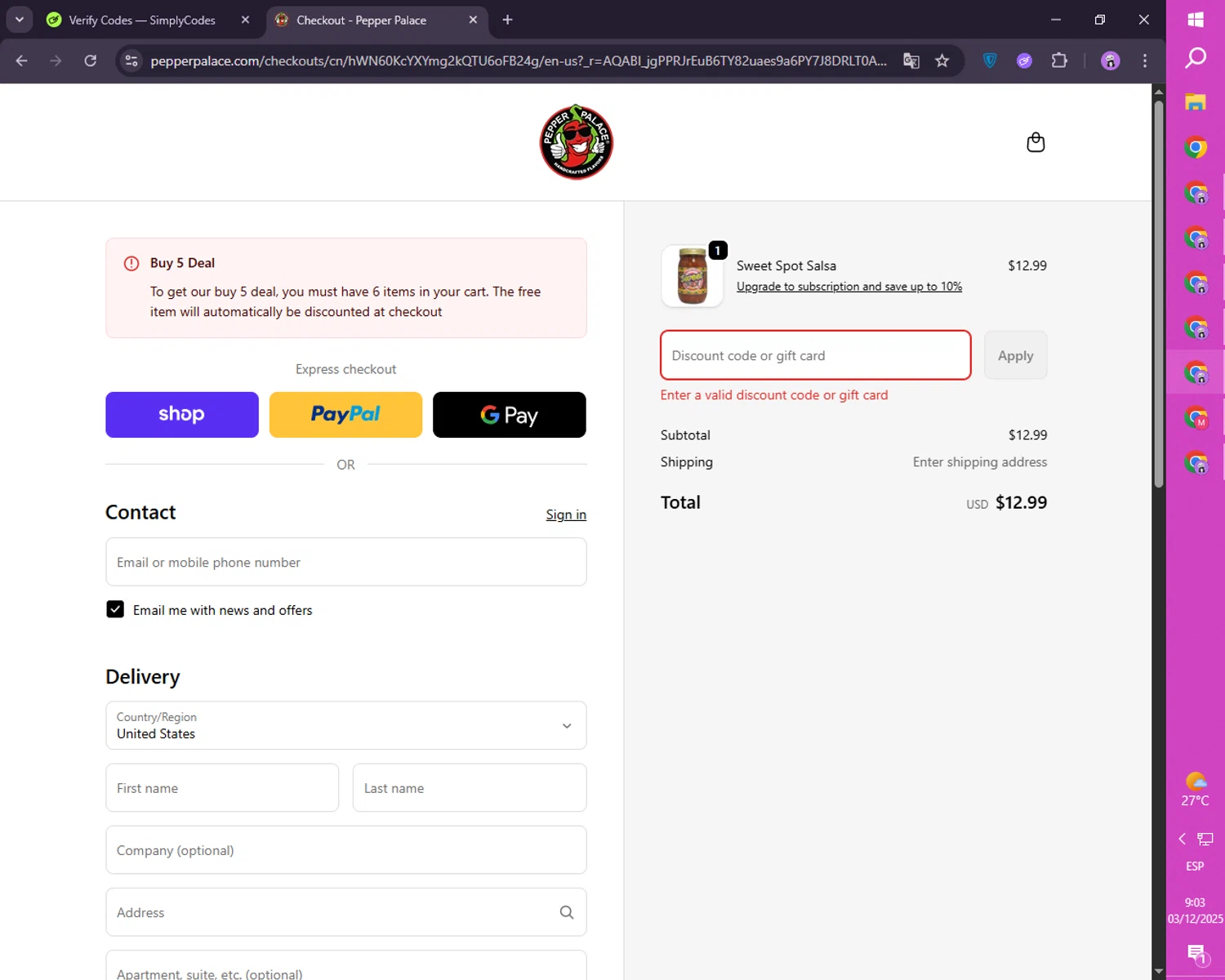 Pepper Palace discount code screenshot showing code CYBER2025 applied at Pepper Palace checkout page. Uploaded by SimplyCodes community member SmartLion1183 on Dec 3, 2025