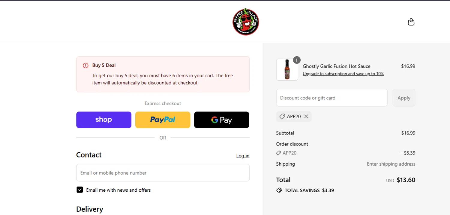 Pepper Palace discount code screenshot showing code APP20 applied at Pepper Palace checkout page. Uploaded by SimplyCodes community member ashe1986 on Sep 2, 2025