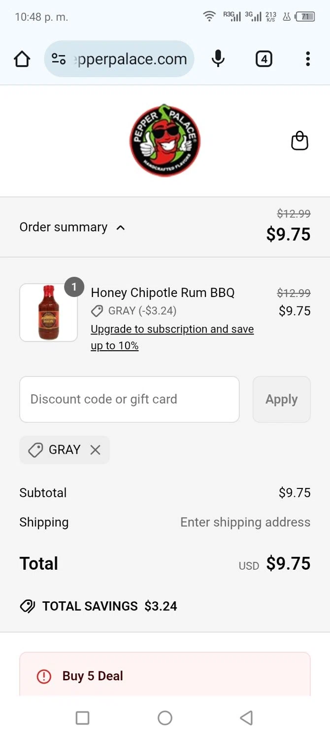 Pepper Palace discount code screenshot showing code GRAY applied at Pepper Palace checkout page. Uploaded by SimplyCodes community member shark12 on May 15, 2025