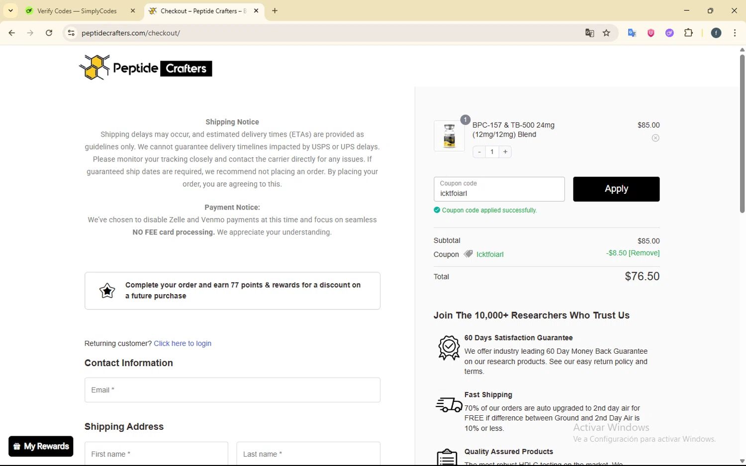 Peptide Crafters coupon code screenshot showing code icktfoiarl applied at Peptide Crafters checkout page. Uploaded by SimplyCodes community member SmartElite7457 on Jun 21, 2025