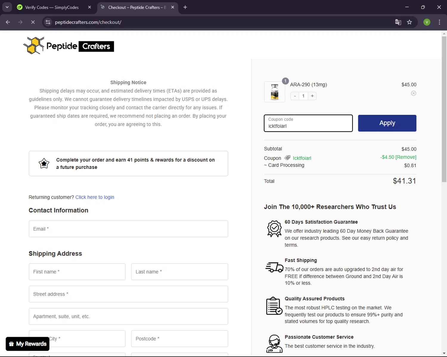 Peptide Crafters coupon code screenshot showing code icktfoiarl applied at Peptide Crafters checkout page. Uploaded by SimplyCodes community member CleverNavigator1236 on Mar 25, 2025