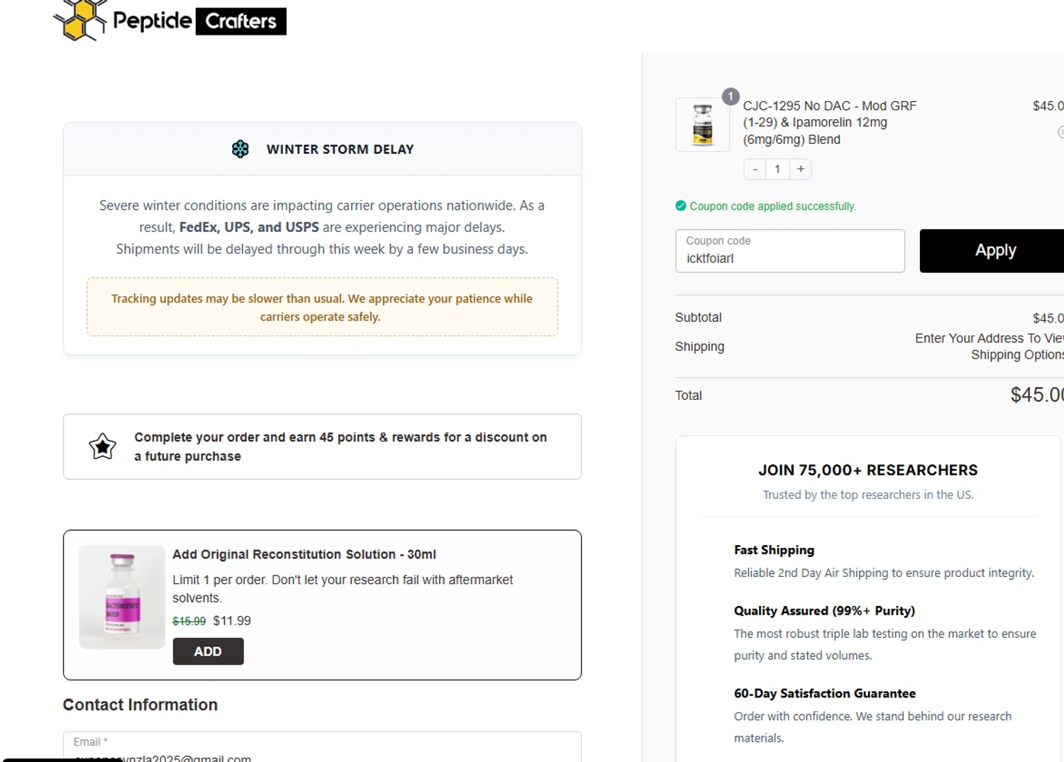 Peptide Crafters checkout page showing Peptide Crafters coupon code box | Screenshot taken by SimplyCodes community member on Feb 2, 2026