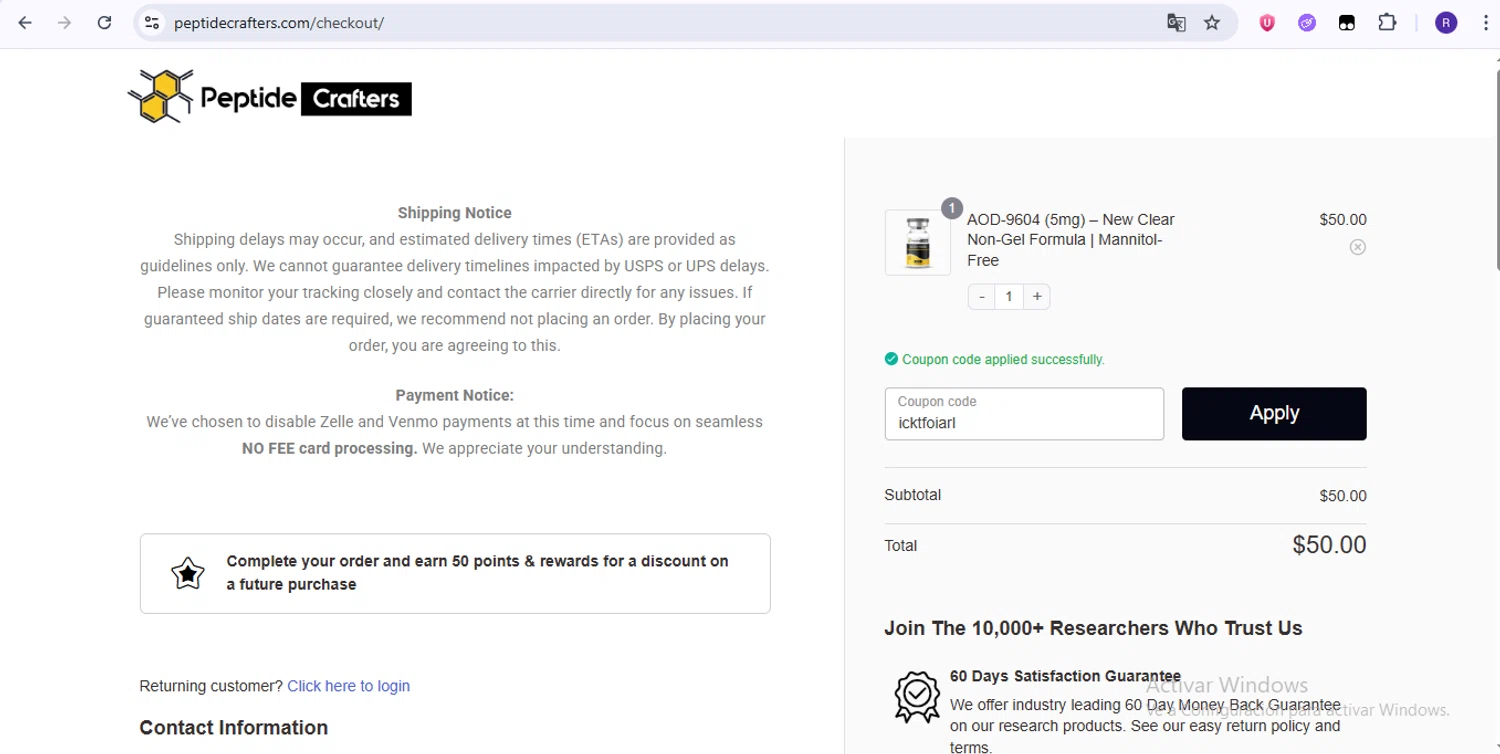 Peptide Crafters coupon code screenshot showing code icktfoiarl applied at Peptide Crafters checkout page. Uploaded by SimplyCodes community member zurdinha on Jun 7, 2025