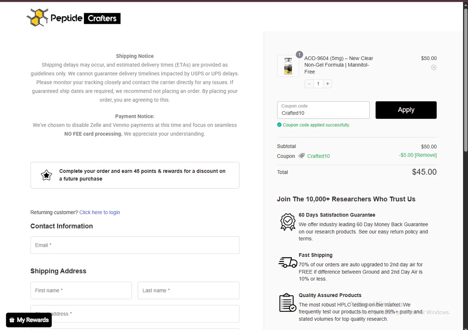 Peptide Crafters coupon code screenshot showing code Crafted10 applied at Peptide Crafters checkout page. Uploaded by SimplyCodes community member FortunateSeeker4672 on Jun 7, 2025