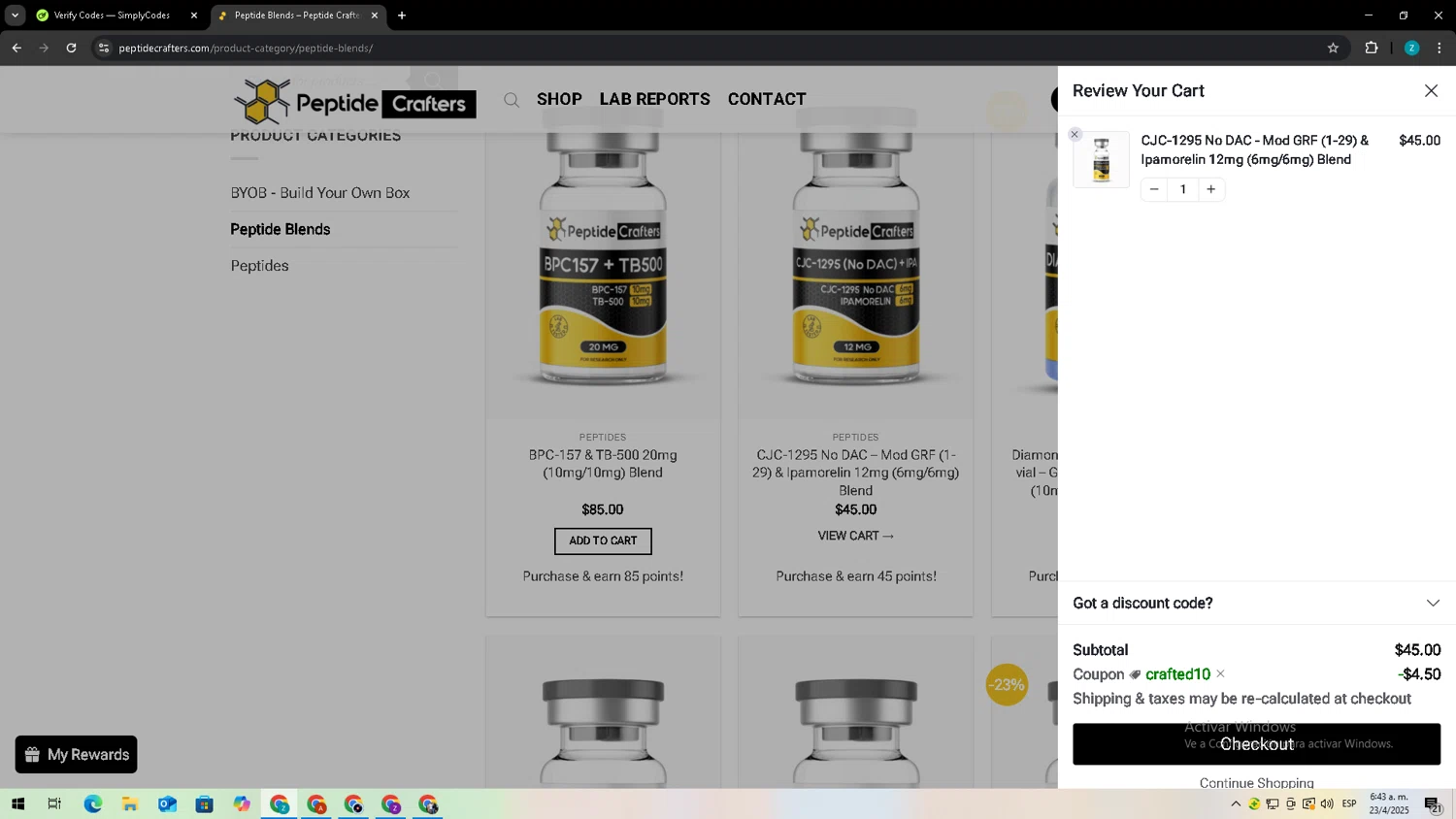 Peptide Crafters coupon code screenshot showing code Crafted10 applied at Peptide Crafters checkout page. Uploaded by SimplyCodes community member Zxdqui on Apr 23, 2025