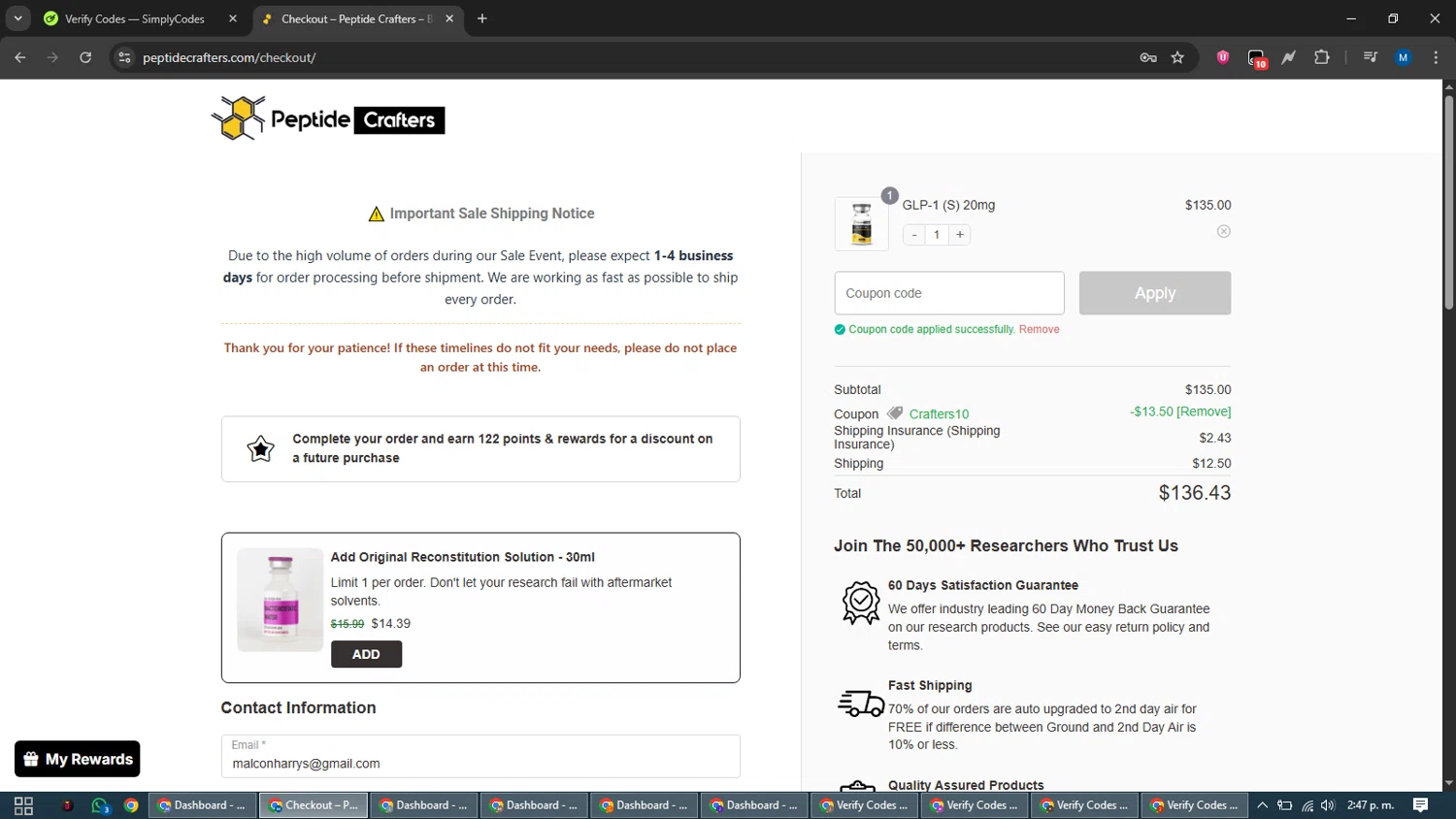 Peptide Crafters coupon code screenshot showing code CRAFTERS10 applied at Peptide Crafters checkout page. Uploaded by SimplyCodes community member EpicVoyager2820 on Dec 18, 2025