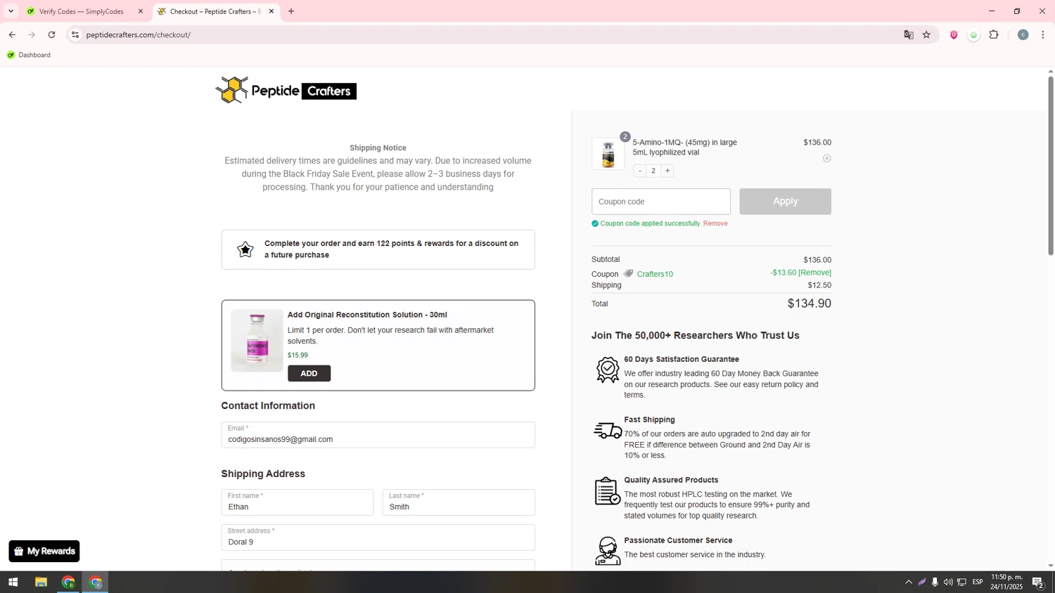Peptide Crafters coupon code screenshot showing code CRAFTERS10 applied at Peptide Crafters checkout page. Uploaded by SimplyCodes community member ValueHawk3038 on Nov 25, 2025