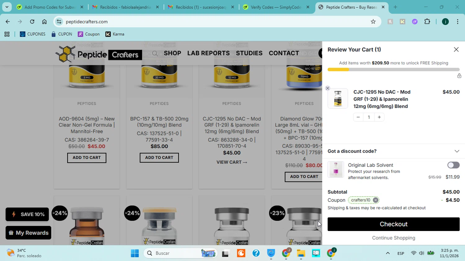 Peptide Crafters checkout page showing Peptide Crafters coupon code box | Screenshot taken by SimplyCodes community member on Jan 11, 2026