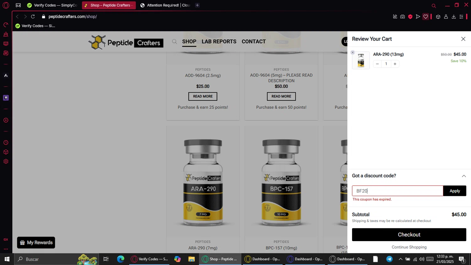 Peptide Crafters coupon code screenshot showing code BF20 applied at Peptide Crafters checkout page. Uploaded by SimplyCodes community member VictoriousFalcon1812 on Mar 21, 2025