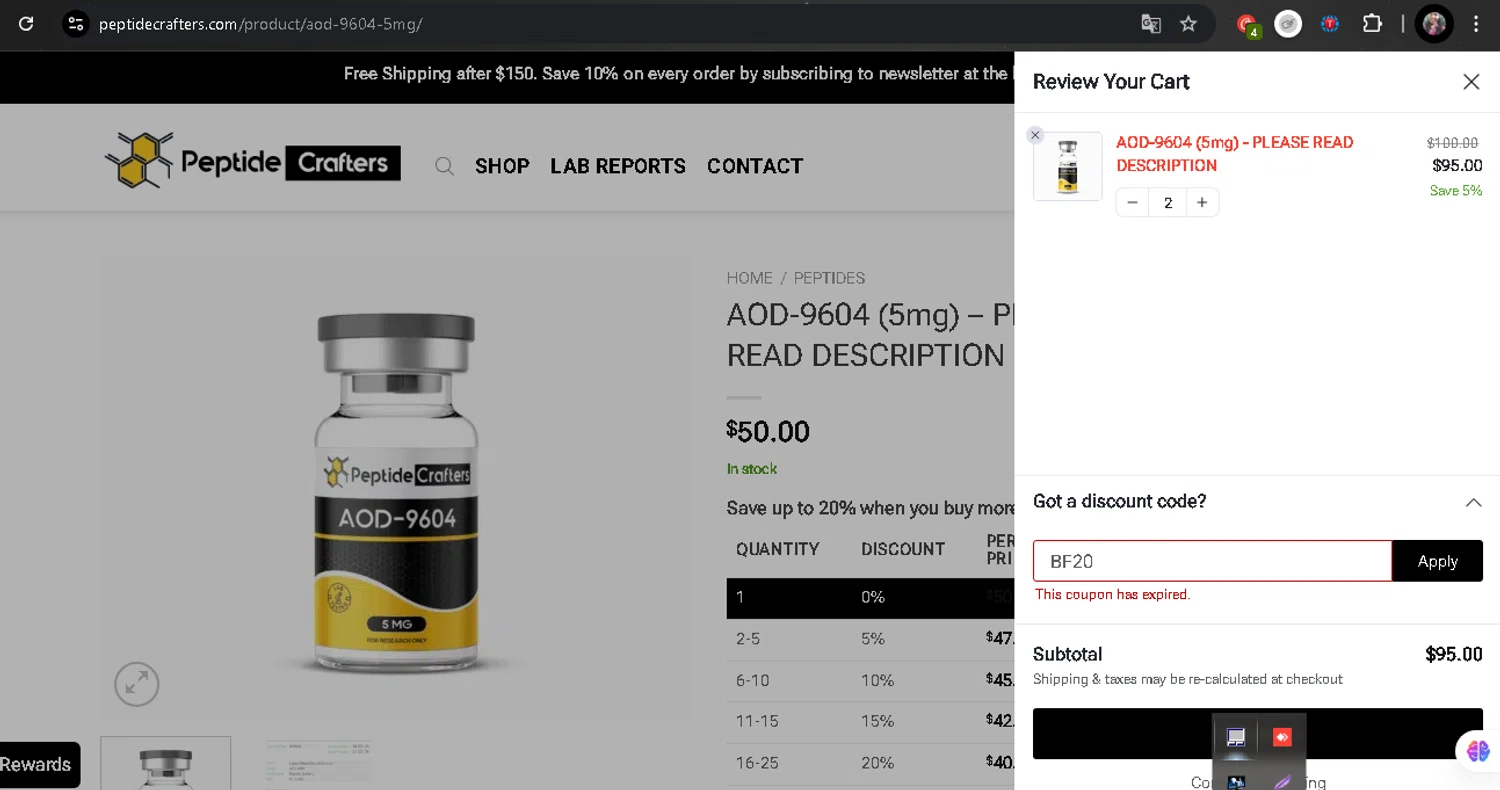 Peptide Crafters coupon code screenshot showing code BF20 applied at Peptide Crafters checkout page. Uploaded by SimplyCodes community member marie23 on Mar 4, 2025