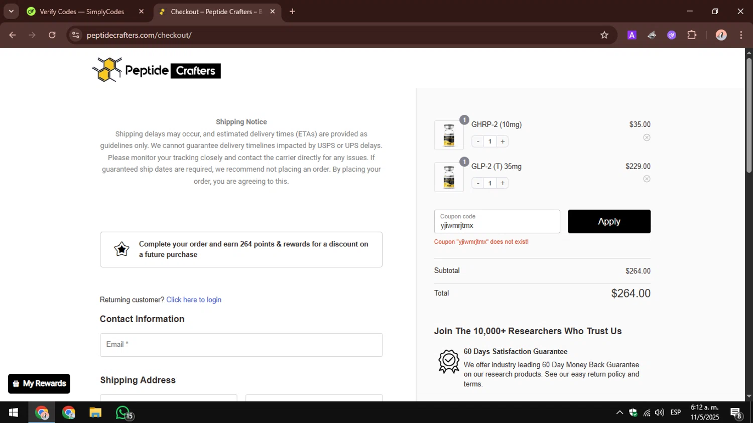 Peptide Crafters coupon code screenshot showing code yjiwmrjtmx applied at Peptide Crafters checkout page. Uploaded by SimplyCodes community member AbusaGordas on May 11, 2025