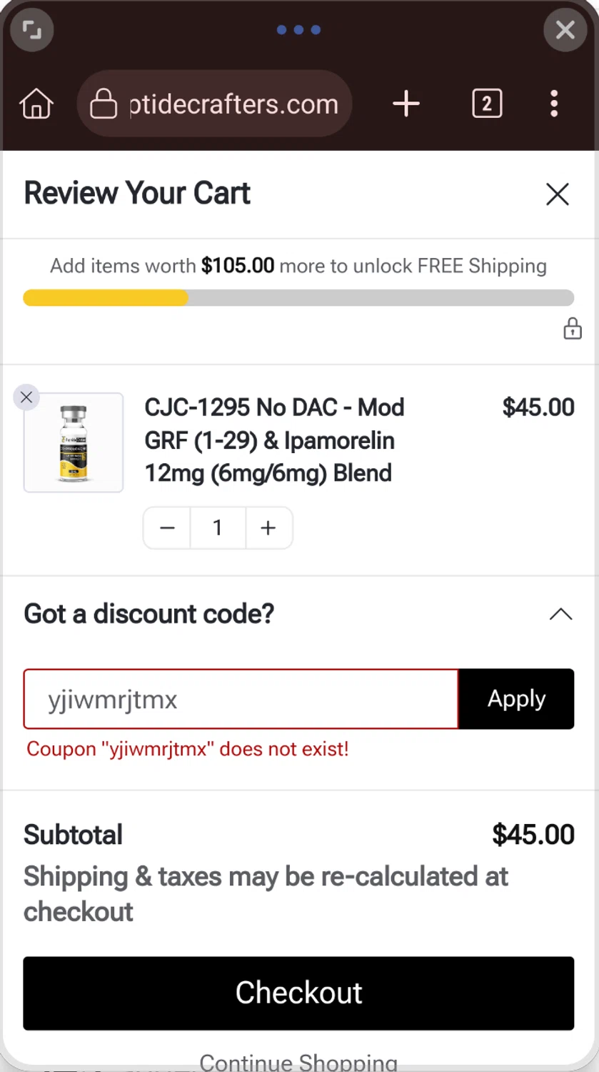 Peptide Crafters coupon code screenshot showing code yjiwmrjtmx applied at Peptide Crafters checkout page. Uploaded by SimplyCodes community member GumballWatterson on May 11, 2025