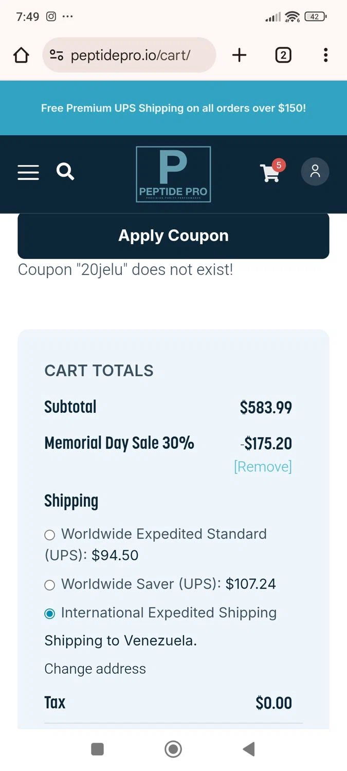 Peptide Pro coupon code screenshot showing code 20JELU applied at Peptide Pro checkout page. Uploaded by SimplyCodes community member ShieldWhiz4659 on May 23, 2025