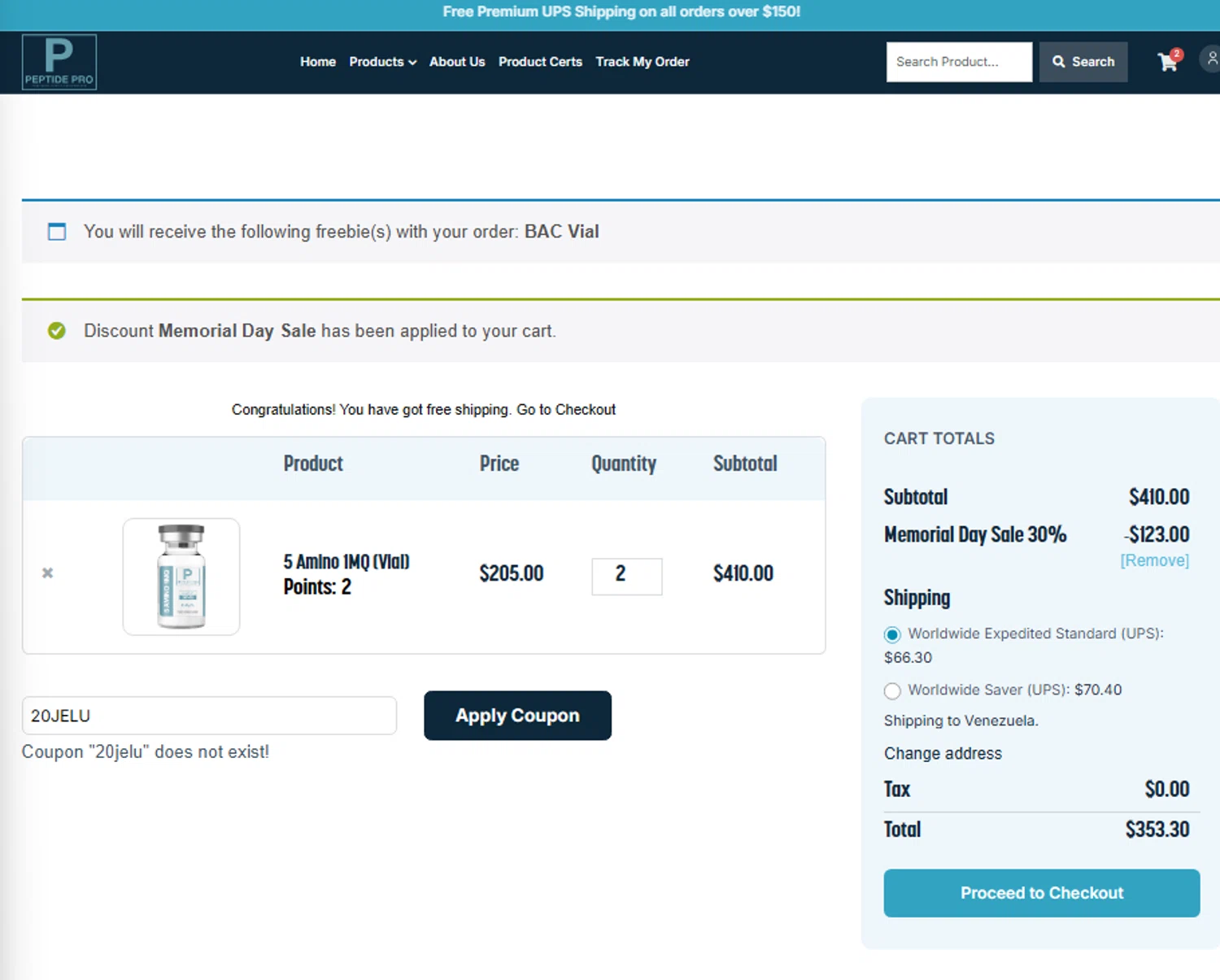 Peptide Pro coupon code screenshot showing code 20JELU applied at Peptide Pro checkout page. Uploaded by SimplyCodes community member Tortugasninja on May 23, 2025