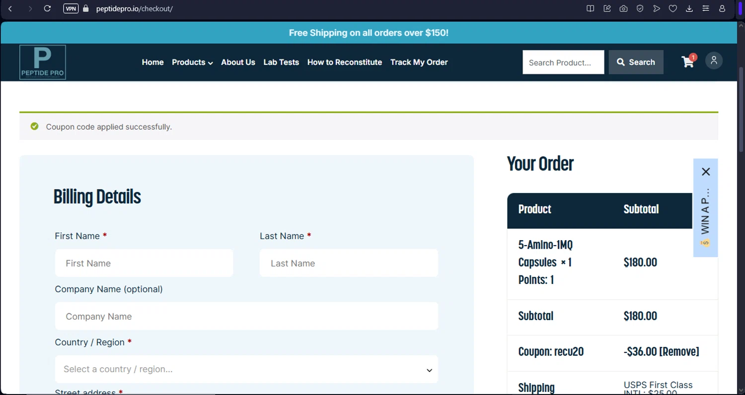 Peptide Pro coupon code screenshot showing code RECU20 applied at Peptide Pro checkout page. Uploaded by SimplyCodes community member FrugalFox6593 on Mar 31, 2025