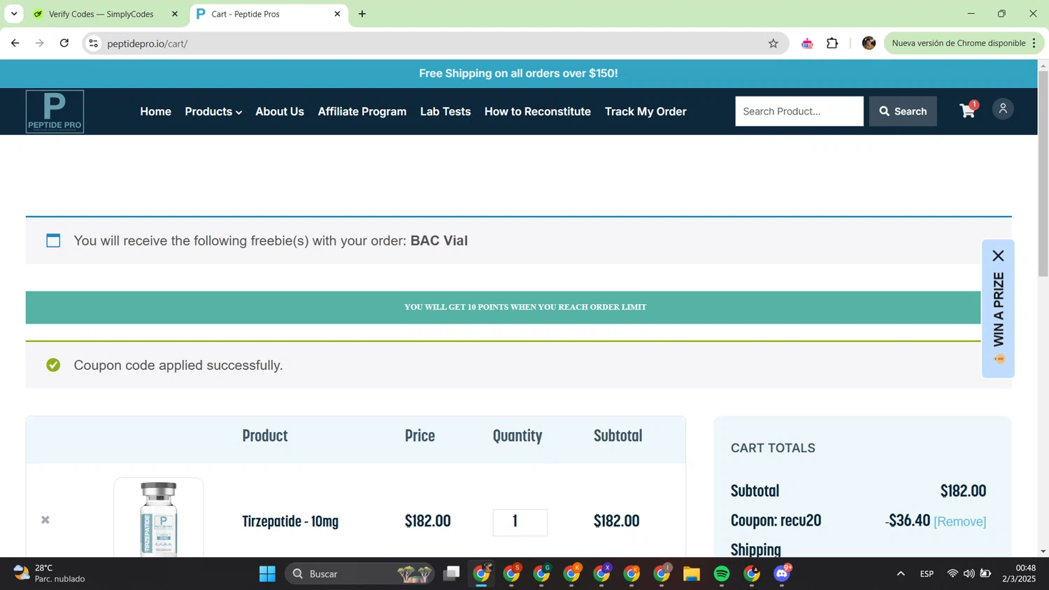 Peptide Pro coupon code screenshot showing code RECU20 applied at Peptide Pro checkout page. Uploaded by SimplyCodes community member alfredish on Mar 2, 2025