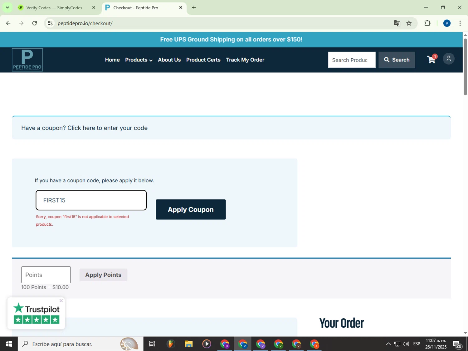 Peptide Pro checkout page showing Peptide Pro coupon code box | Screenshot taken by SimplyCodes community member on Nov 26, 2025