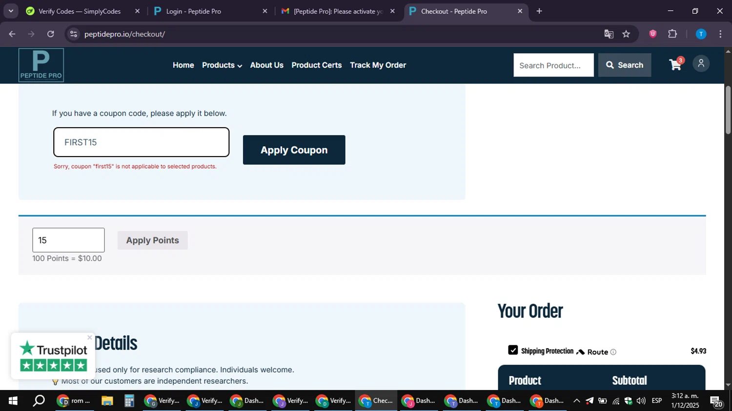 Peptide Pro coupon code screenshot showing code FIRST15 applied at Peptide Pro checkout page. Uploaded by SimplyCodes community member hankt1521 on Dec 1, 2025
