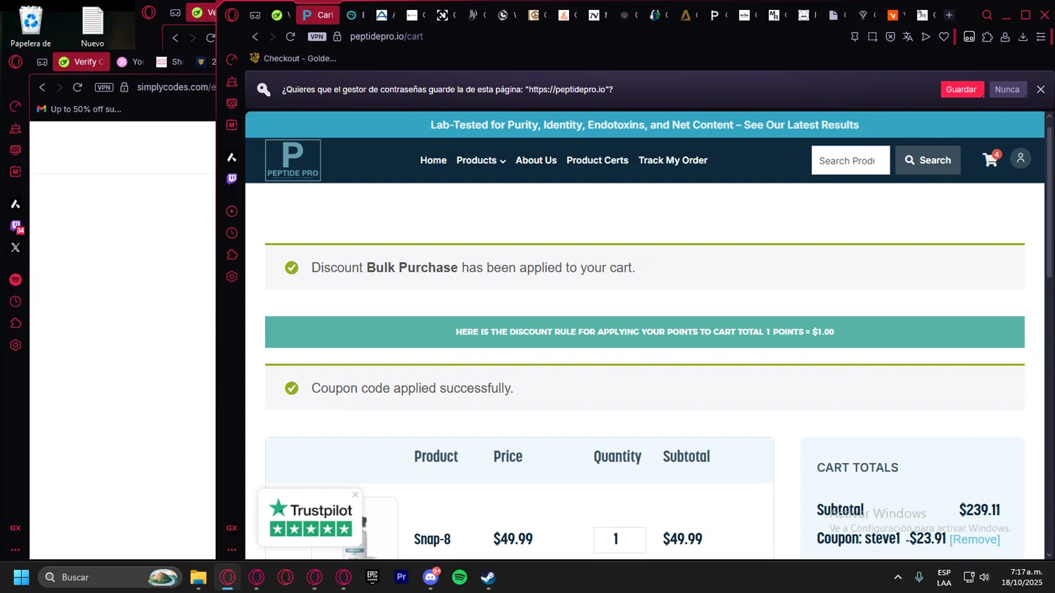 Peptide Pro coupon code screenshot showing code steve1 applied at Peptide Pro checkout page. Uploaded by SimplyCodes community member Billyyou on Oct 18, 2025