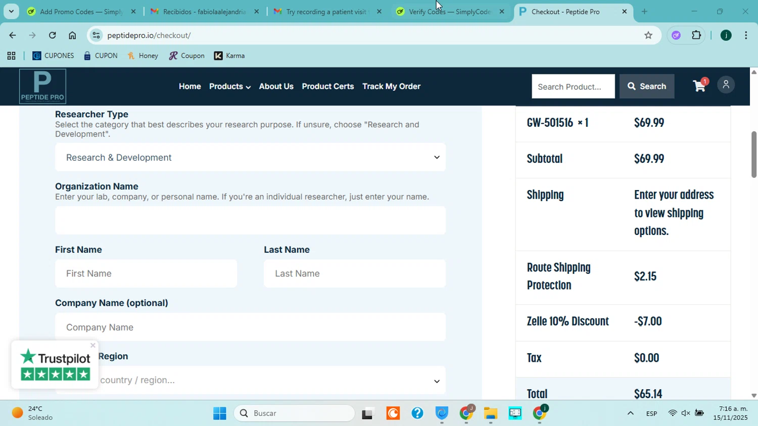 Peptide Pro coupon code screenshot showing code Lobliner applied at Peptide Pro checkout page. Uploaded by SimplyCodes community member ABHF23 on Nov 15, 2025