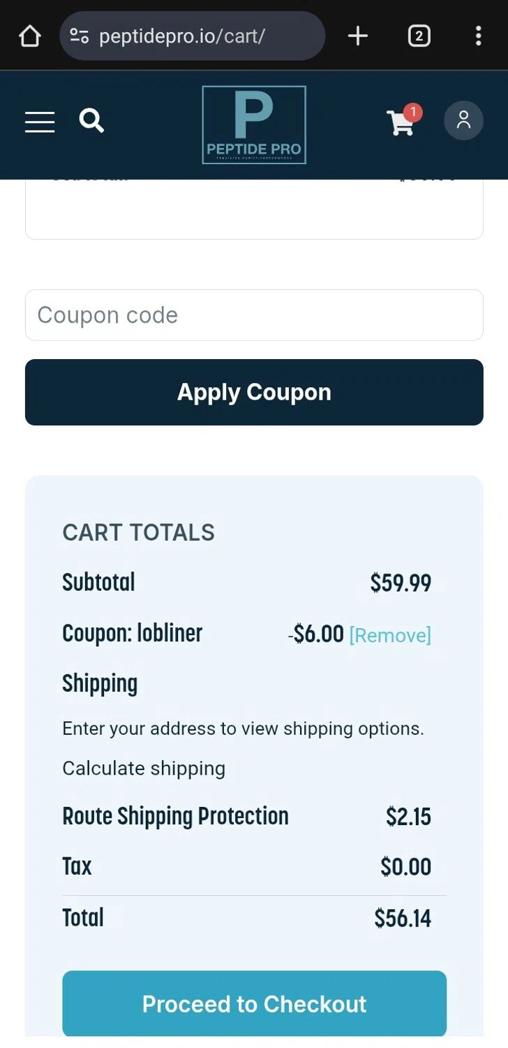 Peptide Pro coupon code screenshot showing code Lobliner applied at Peptide Pro checkout page. Uploaded by SimplyCodes community member DiscountEagle6247 on Dec 13, 2025