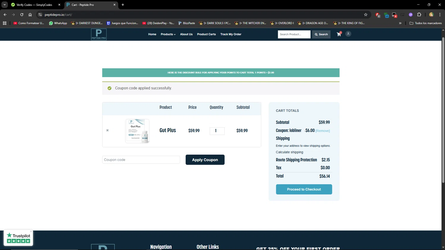 Peptide Pro coupon code screenshot showing code Lobliner applied at Peptide Pro checkout page. Uploaded by SimplyCodes community member MiauMiau on Nov 15, 2025