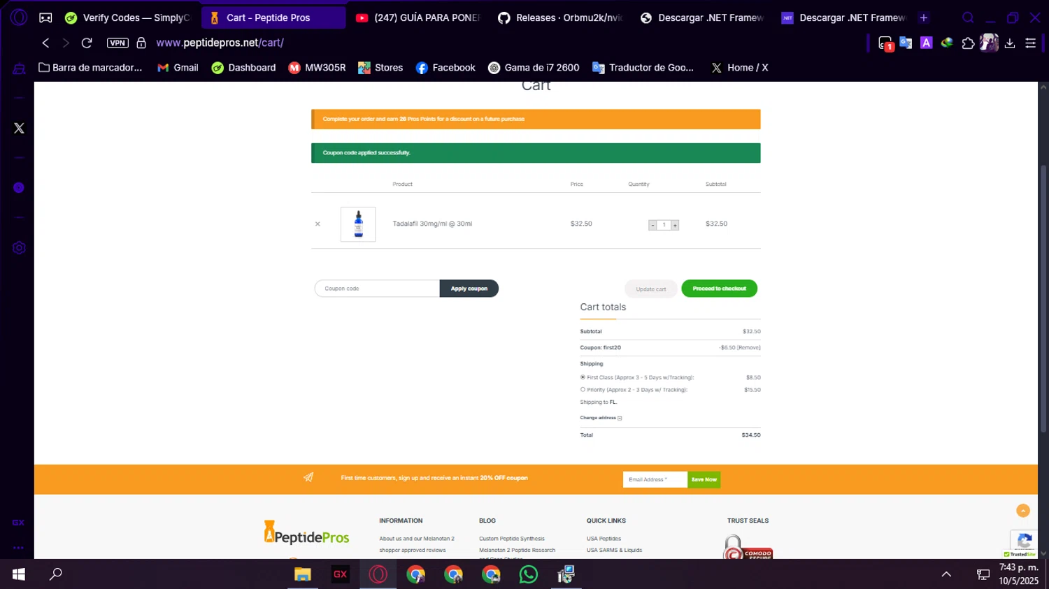 Peptide Pros coupon code screenshot showing code FIRST20 applied at Peptide Pros checkout page. Uploaded by SimplyCodes community member Jonaiver on May 10, 2025