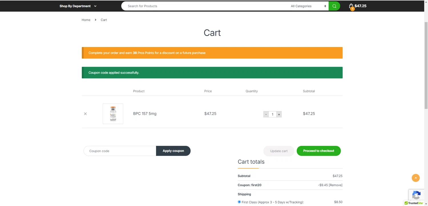 Peptide Pros coupon code screenshot showing code FIRST20 applied at Peptide Pros checkout page. Uploaded by SimplyCodes community member DiscountWarden480 on Jun 8, 2025
