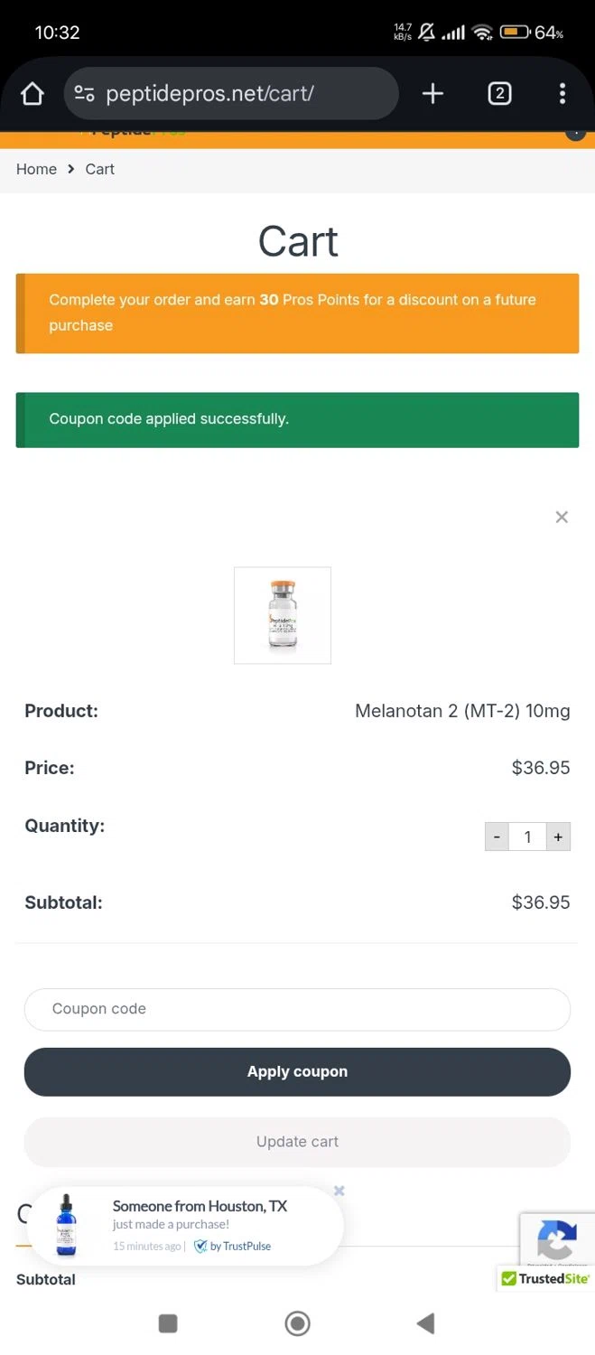 Peptide Pros coupon code screenshot showing code FIRST20 applied at Peptide Pros checkout page. Uploaded by SimplyCodes community member RebateShopper5497 on Jun 22, 2025