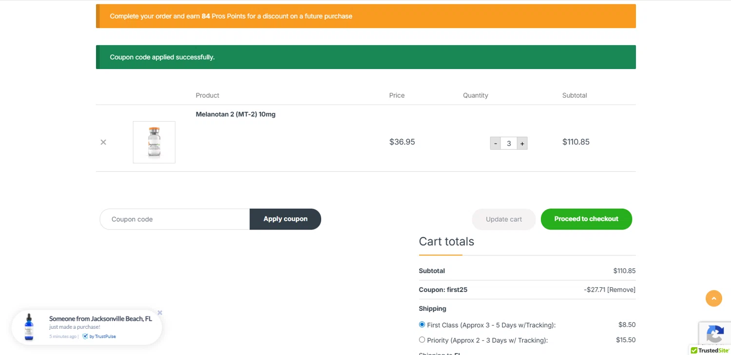 Peptide Pros coupon code screenshot showing code FIRST25 applied at Peptide Pros checkout page. Uploaded by SimplyCodes community member kalltrom21 on Jul 18, 2025
