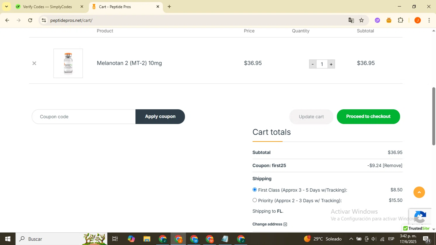 Peptide Pros coupon code screenshot showing code FIRST25 applied at Peptide Pros checkout page. Uploaded by SimplyCodes community member FortunateSleuth7958 on Jun 17, 2025