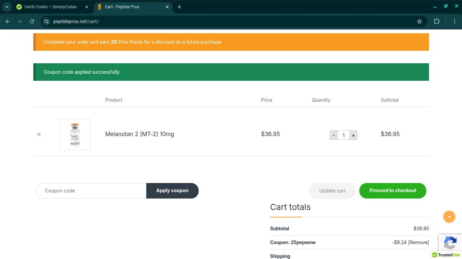 Peptide Pros coupon code screenshot showing code 25PEPWOW applied at Peptide Pros checkout page. Uploaded by SimplyCodes community member SwiftSage2309 on Dec 16, 2025