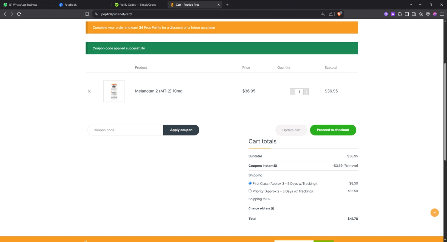 Peptide Pros coupon code screenshot showing code INSTANT10 applied at Peptide Pros checkout page. Uploaded by SimplyCodes community member Angel14 on May 11, 2025