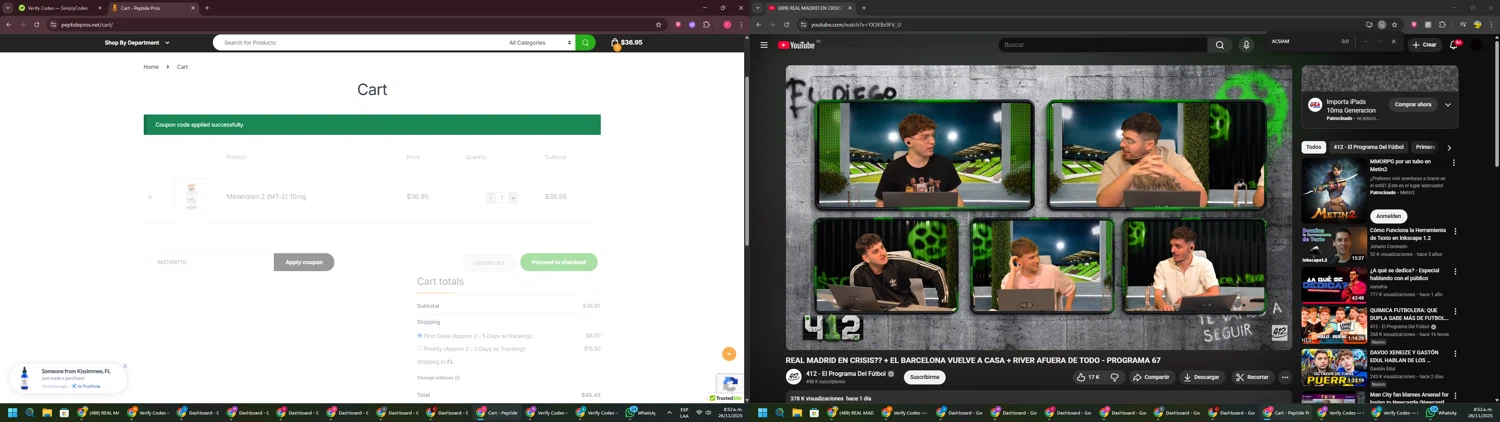 Peptide Pros coupon code screenshot showing code INSTANT10 applied at Peptide Pros checkout page. Uploaded by SimplyCodes community member CouponSage7331 on Nov 26, 2025