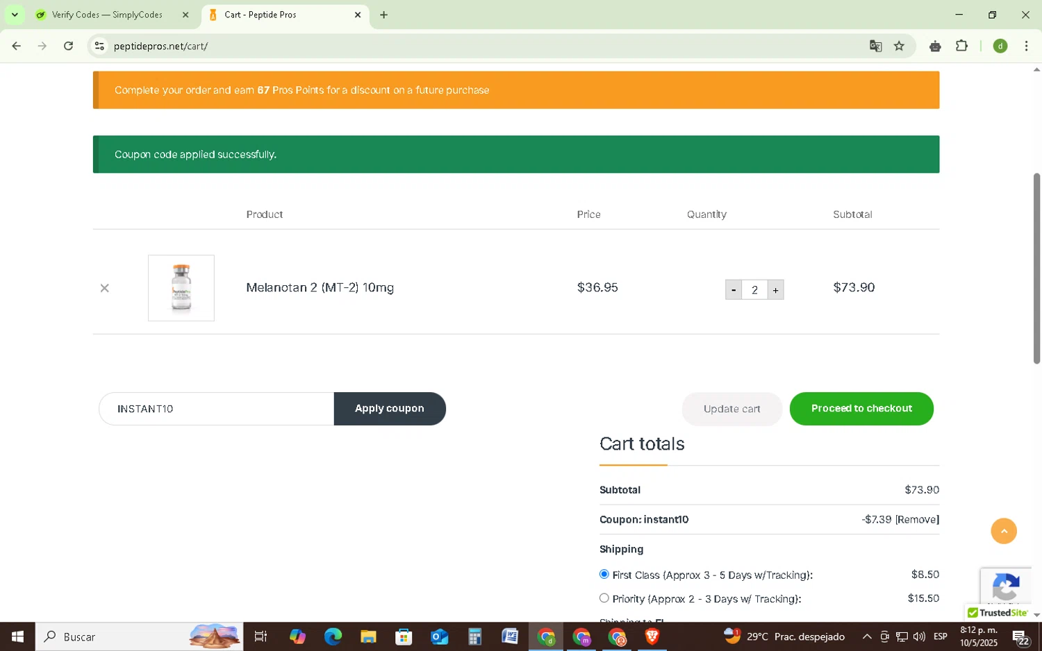 Peptide Pros coupon code screenshot showing code INSTANT10 applied at Peptide Pros checkout page. Uploaded by SimplyCodes community member SavingsSentinel833 on May 11, 2025