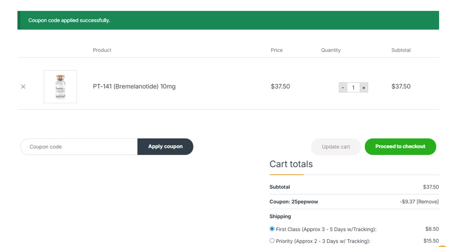 Peptide Pros coupon code screenshot showing code 25pepwow applied at Peptide Pros checkout page. Uploaded by SimplyCodes community member ashe1986 on Sep 5, 2025