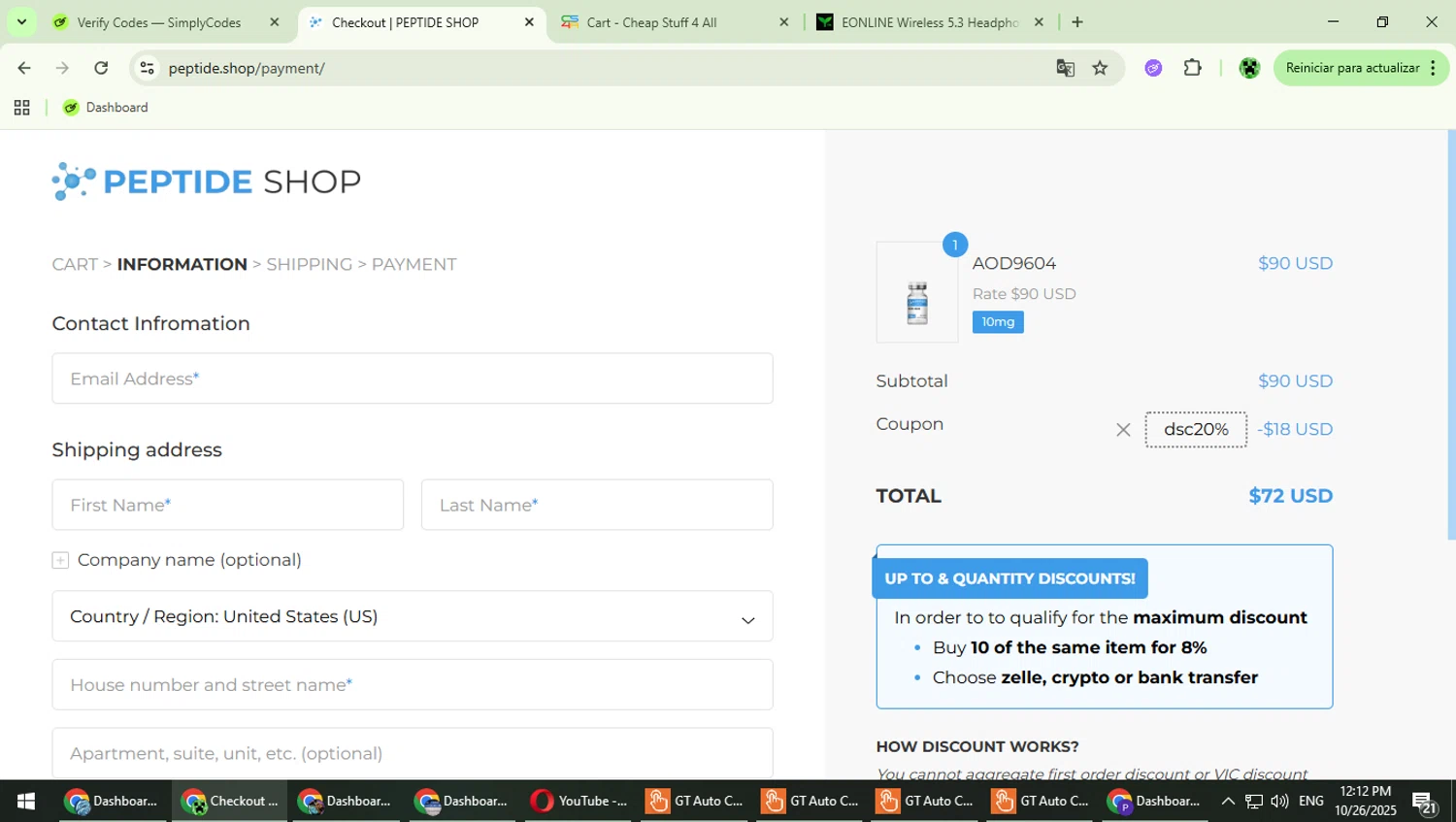 PEPTIDE SHOP checkout page showing PEPTIDE SHOP coupon code box | Screenshot taken by SimplyCodes community member on Oct 26, 2025