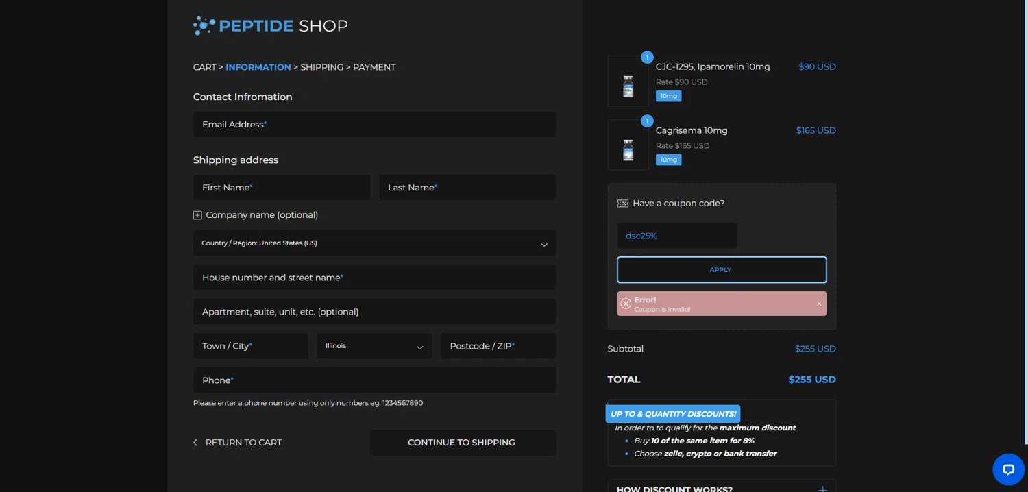 PEPTIDE SHOP coupon code screenshot showing code dsc25% applied at PEPTIDE SHOP checkout page. Uploaded by SimplyCodes community member TokenFalcon7462 on Jan 20, 2026