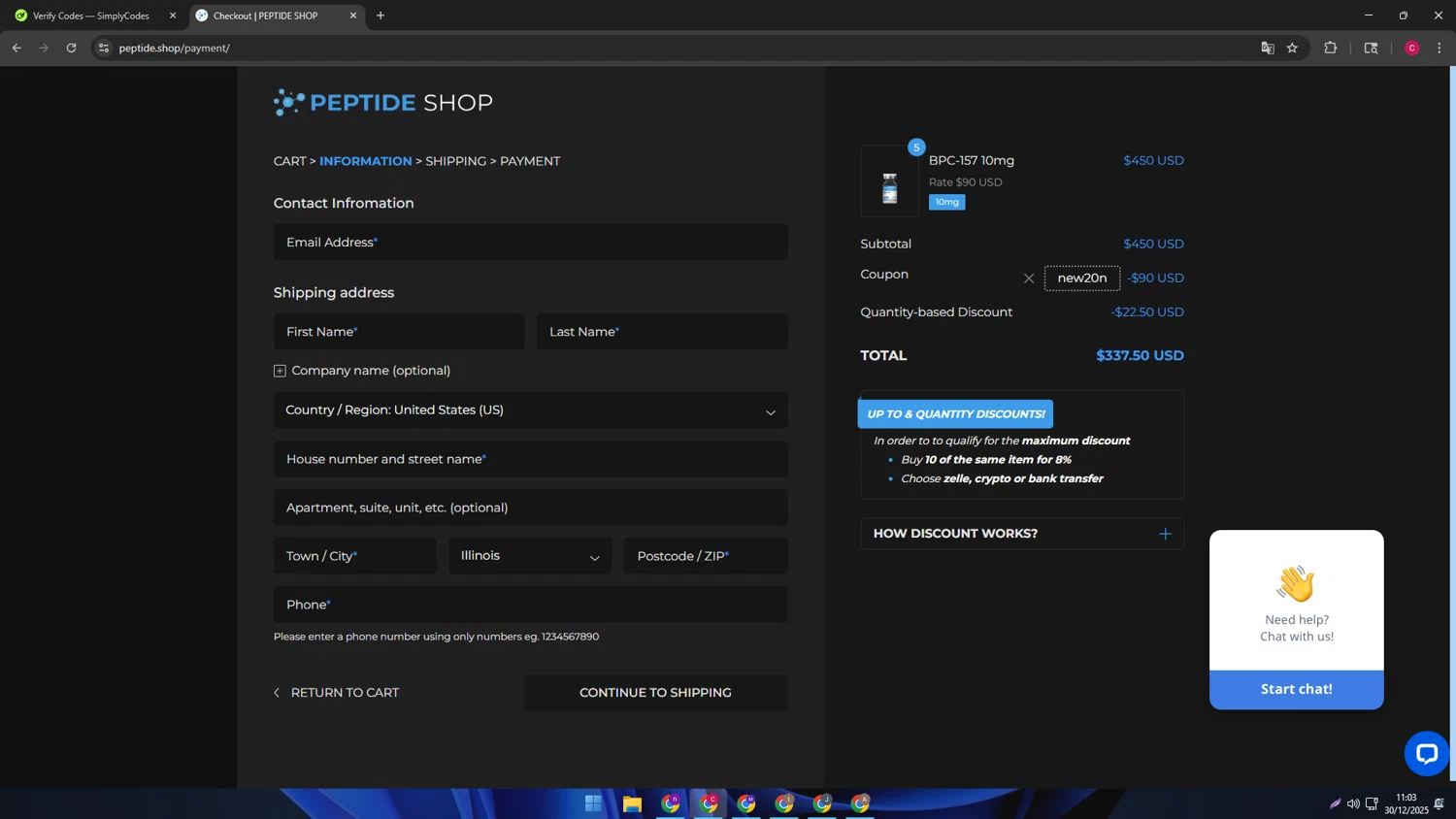 PEPTIDE SHOP coupon code screenshot showing code NEW20N applied at PEPTIDE SHOP checkout page. Uploaded by SimplyCodes community member TOROREX250 on Dec 30, 2025