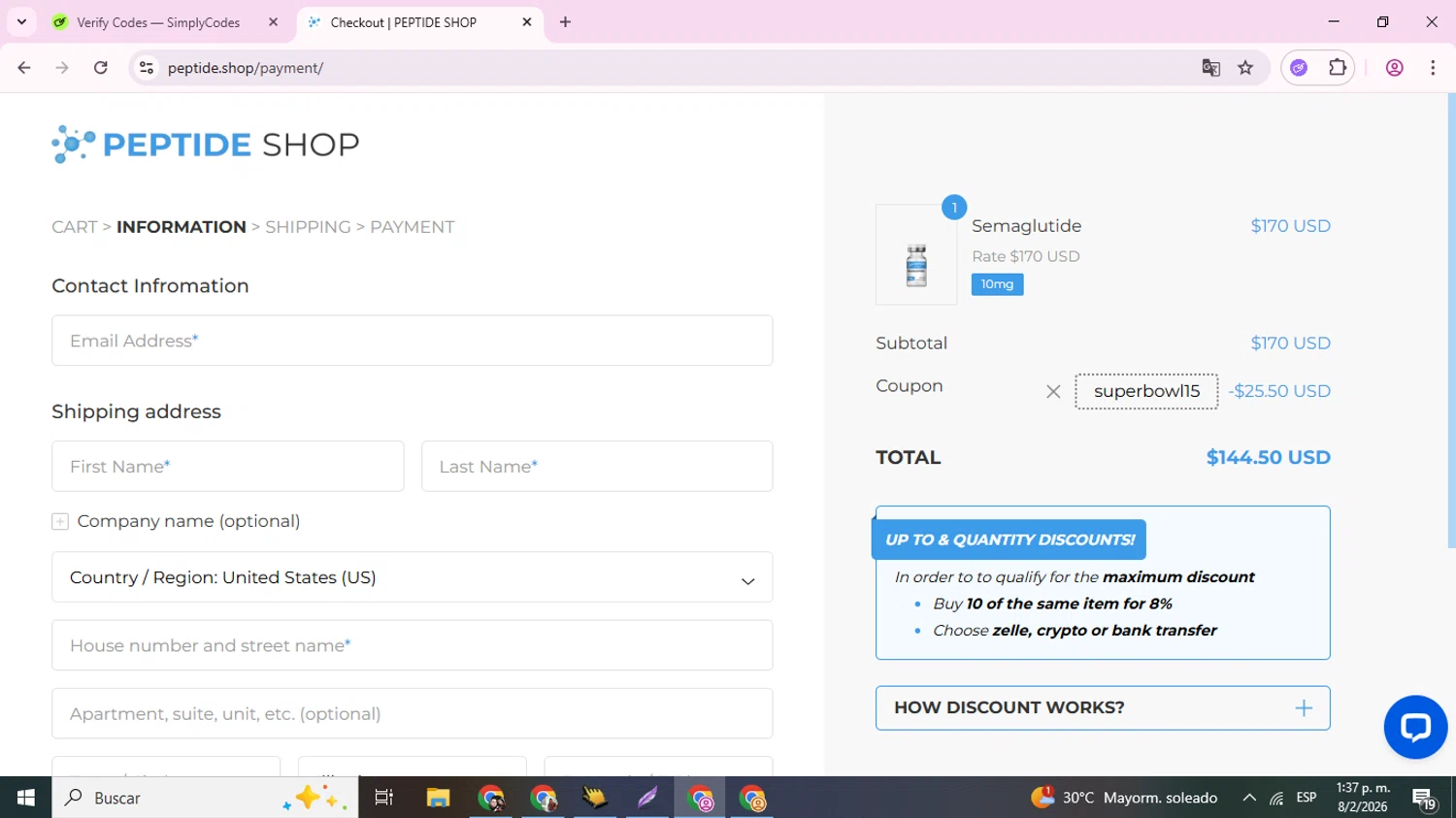 PEPTIDE SHOP coupon code screenshot showing code SUPERBOWL15 applied at PEPTIDE SHOP checkout page. Uploaded by SimplyCodes community member TokenAce5969 on Feb 8, 2026