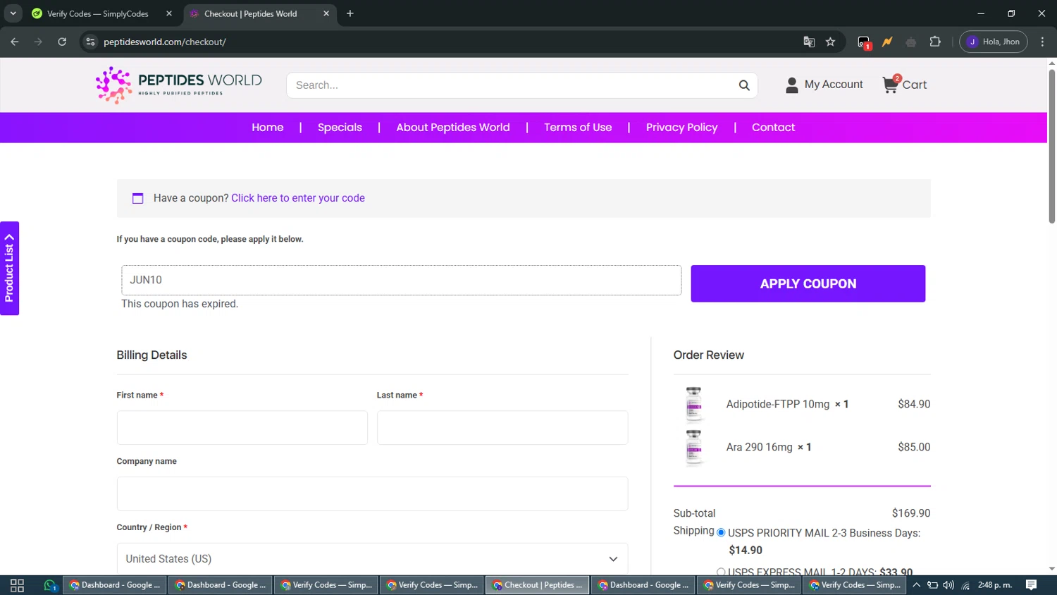 Peptides World coupon code screenshot showing code JUN10 applied at Peptides World checkout page. Uploaded by SimplyCodes community member WiseMaven9968 on Mar 17, 2025