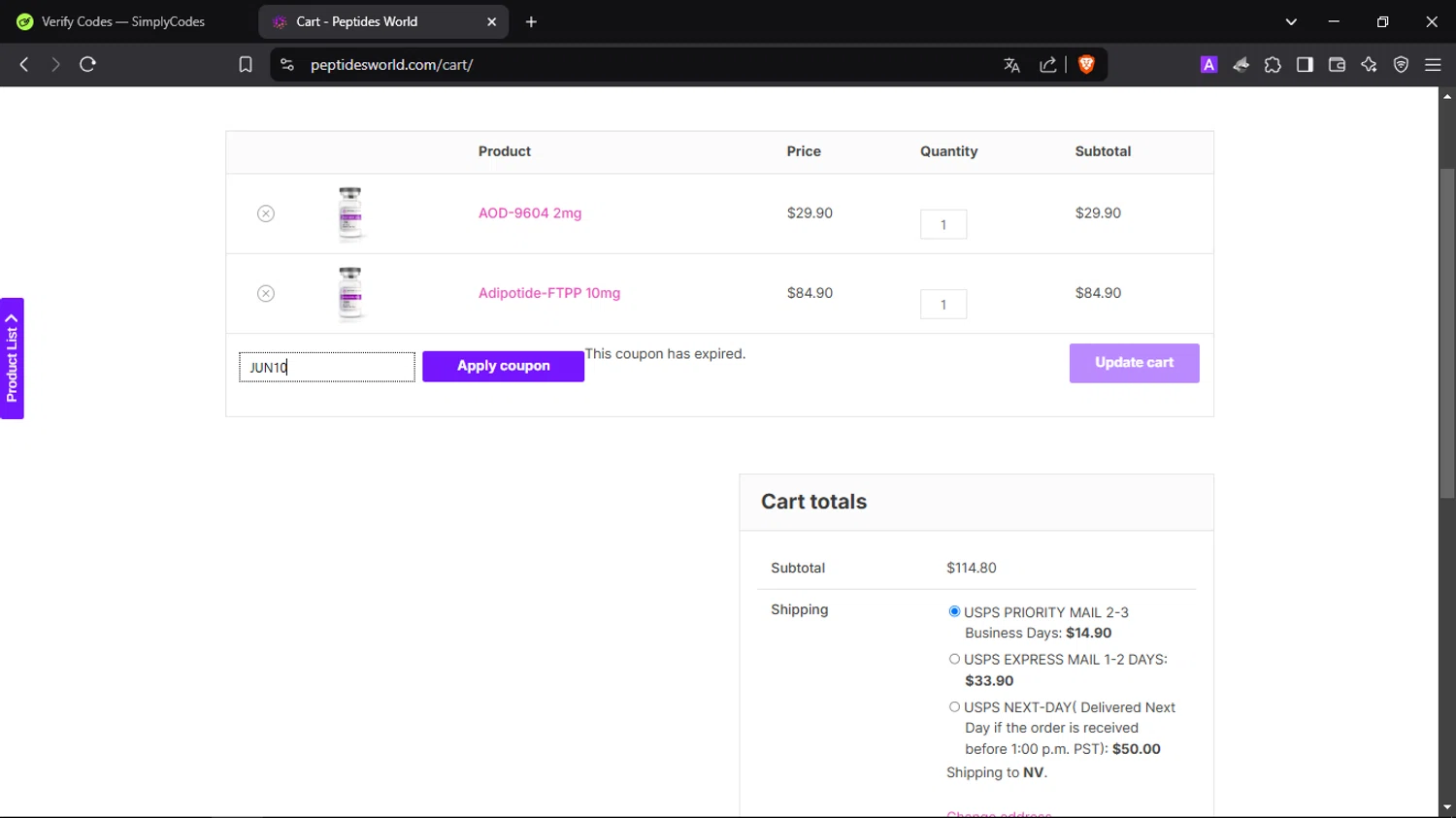 Peptides World coupon code screenshot showing code JUN10 applied at Peptides World checkout page. Uploaded by SimplyCodes community member SmartScholar9589 on Mar 5, 2025