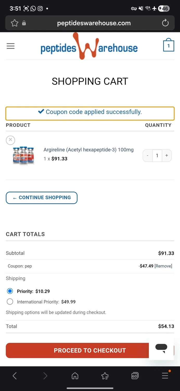 Peptides Warehouse checkout page showing Peptides Warehouse promo code box | Screenshot taken by SimplyCodes community member on Feb 1, 2026