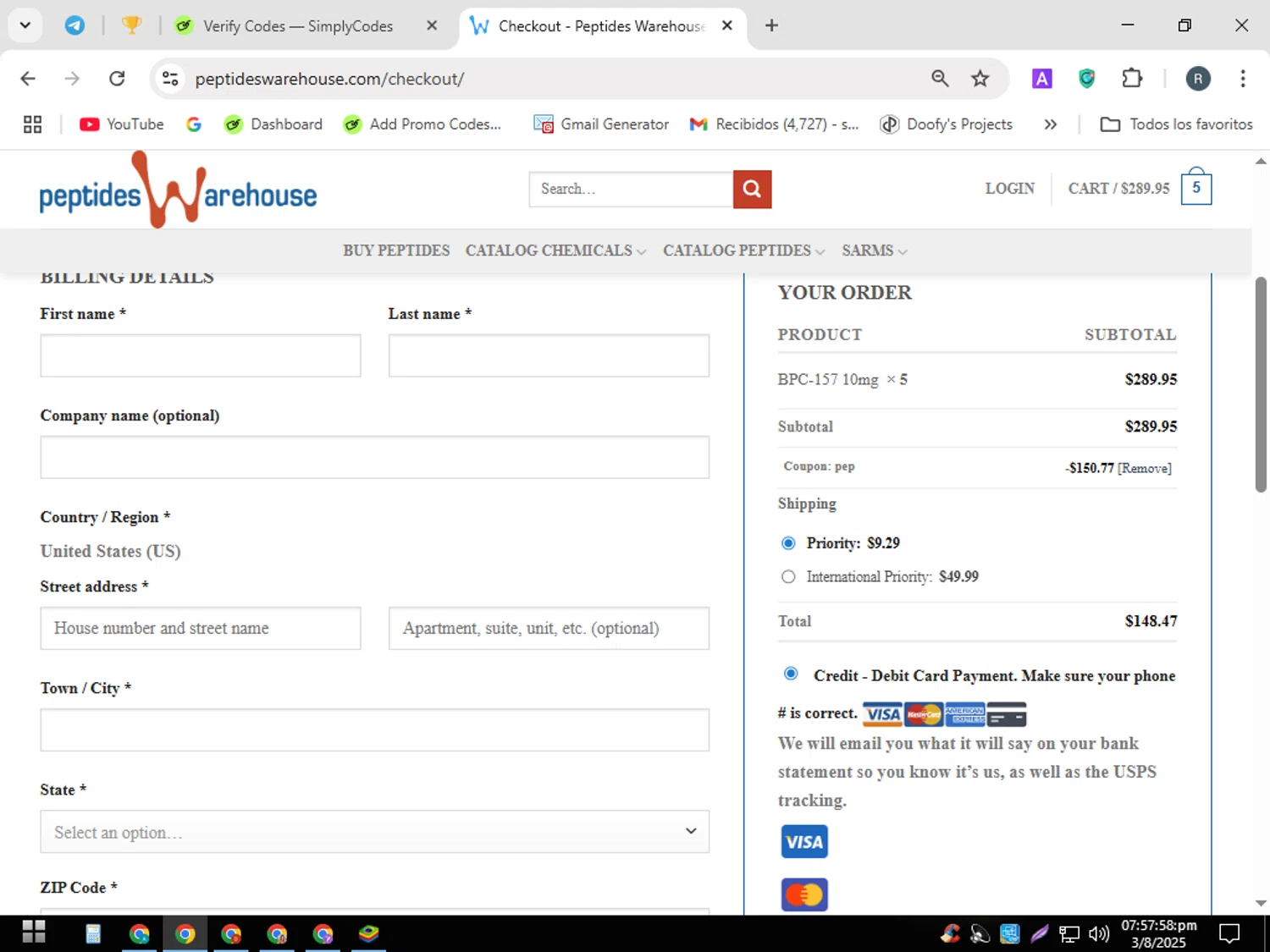 Peptides Warehouse promo code screenshot showing code pep applied at Peptides Warehouse checkout page. Uploaded by SimplyCodes community member PennyWizard7963 on Aug 3, 2025