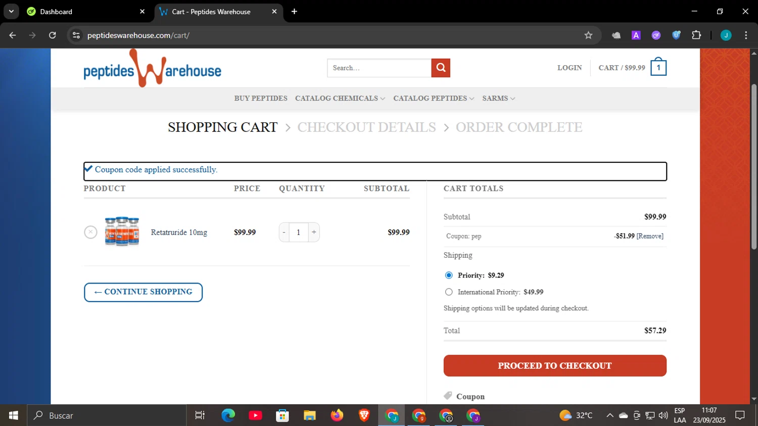 Peptides Warehouse promo code screenshot showing code pep applied at Peptides Warehouse checkout page. Uploaded by SimplyCodes community member Scottcawthon on Sep 23, 2025