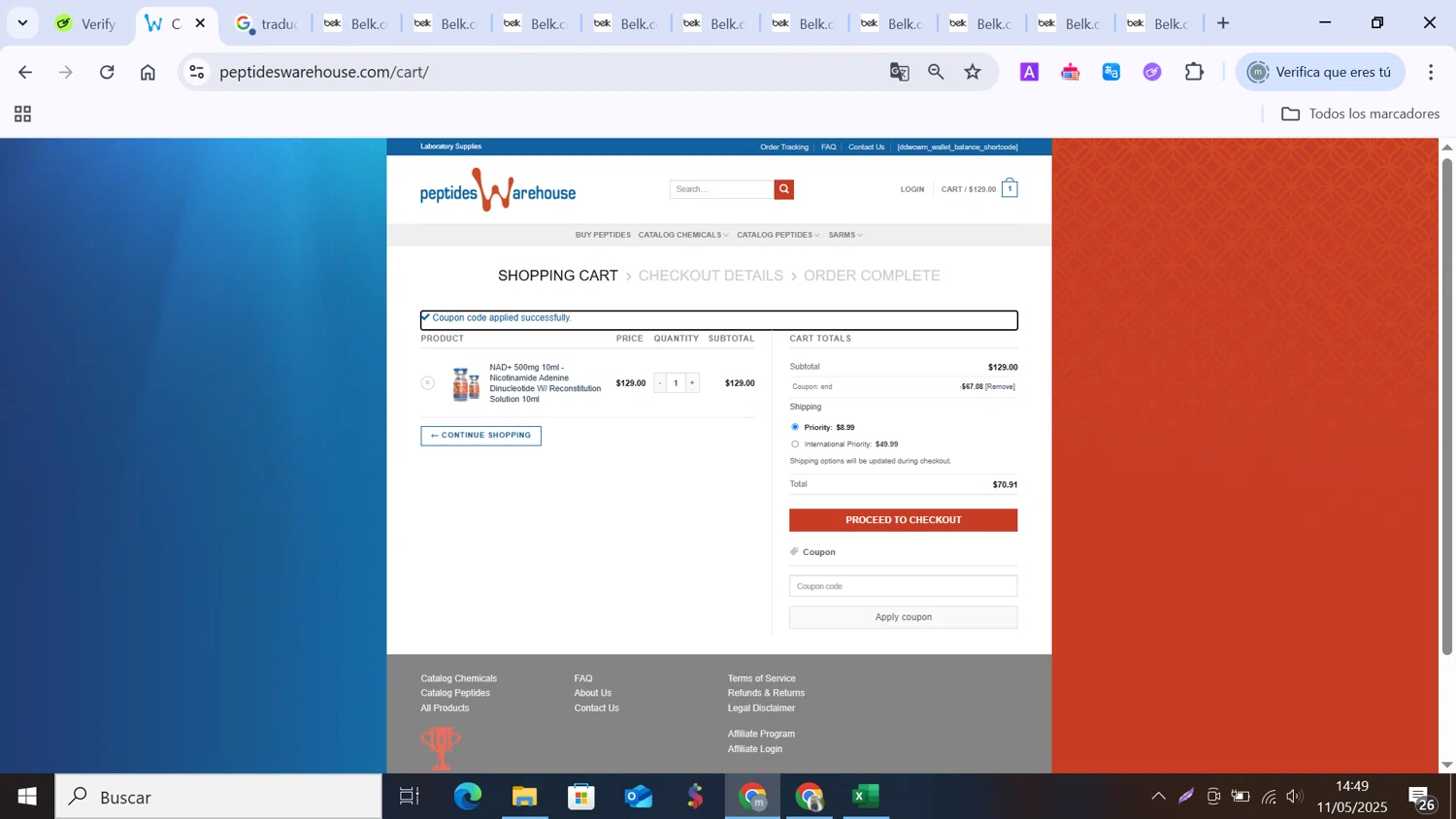 Peptides Warehouse promo code screenshot showing code END applied at Peptides Warehouse checkout page. Uploaded by SimplyCodes community member MANUELURBINA on May 11, 2025