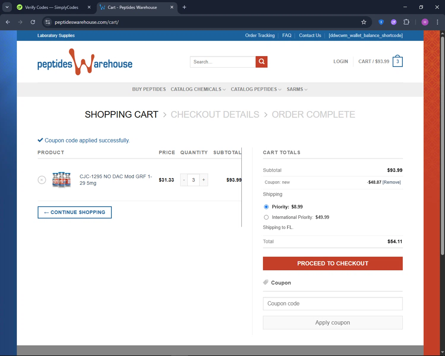 Peptides Warehouse promo code screenshot showing code NEW applied at Peptides Warehouse checkout page. Uploaded by SimplyCodes community member TokenNavigator6891 on May 11, 2025
