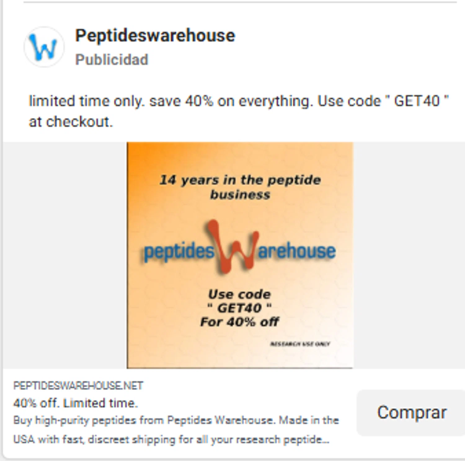 Peptides Warehouse promo code screenshot showing code GET40 applied at Peptides Warehouse checkout page. Uploaded by SimplyCodes community member ShrewdRanger8712 on Jan 5, 2026