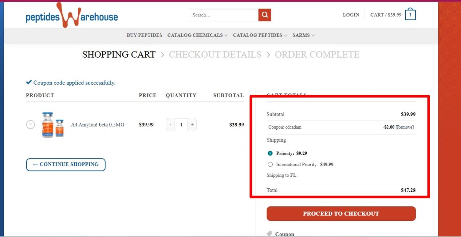 Peptides Warehouse promo code screenshot showing code CDCADAM applied at Peptides Warehouse checkout page. Uploaded by SimplyCodes community member Swiftdealz on Nov 2, 2025